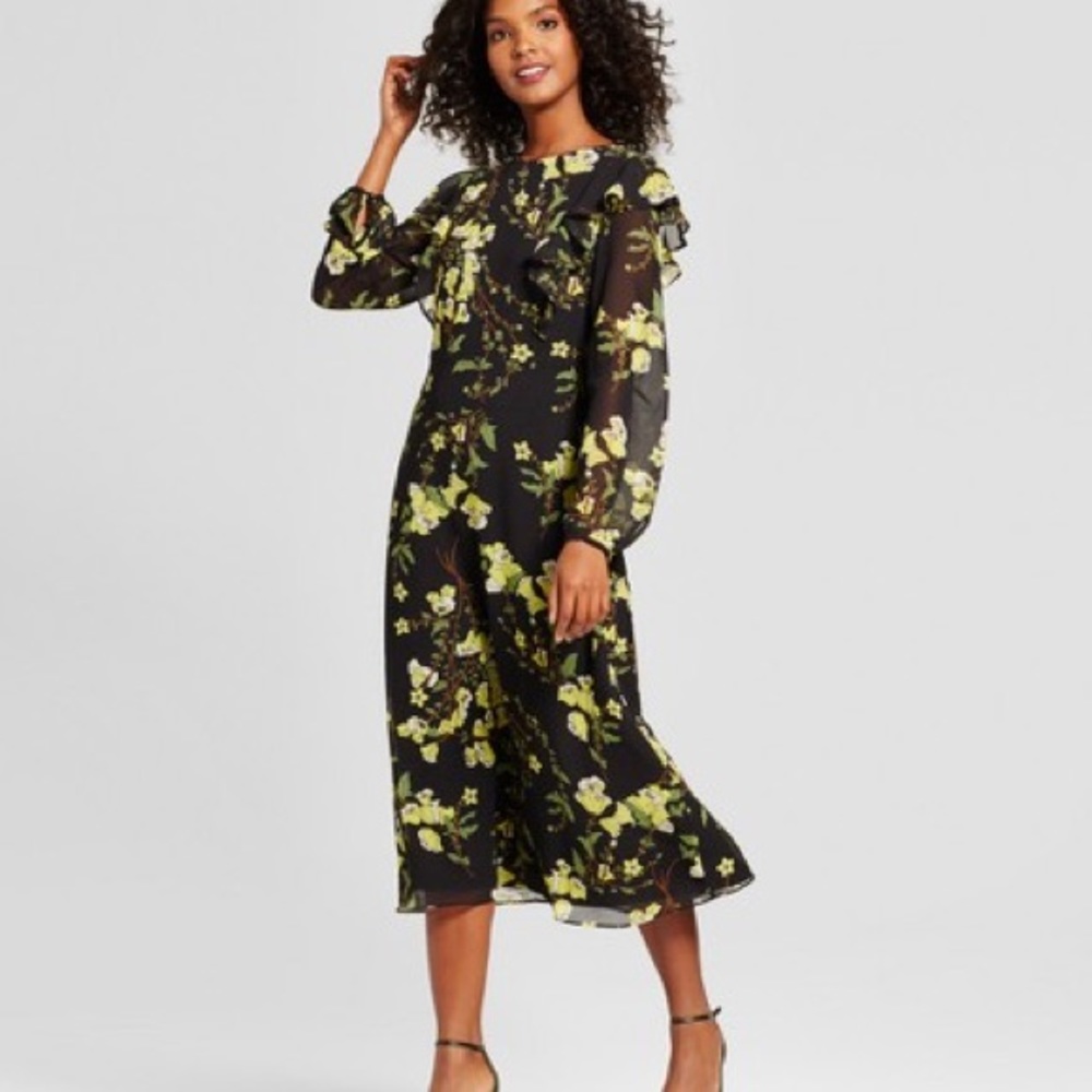 Who What Wear x Elyse Lightener Floral Midi Dress XXL Black Green Ruffle